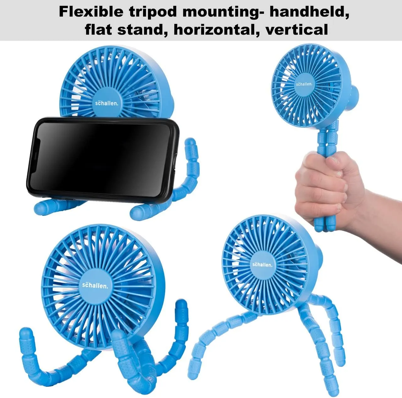 Rechargeable 4 Way Portable Lightweight Fan for Pram Fan, Car Seat, Desk, Office, Travel Fans | Clip on, Handheld, Tripod & Phone Holder (Blue)