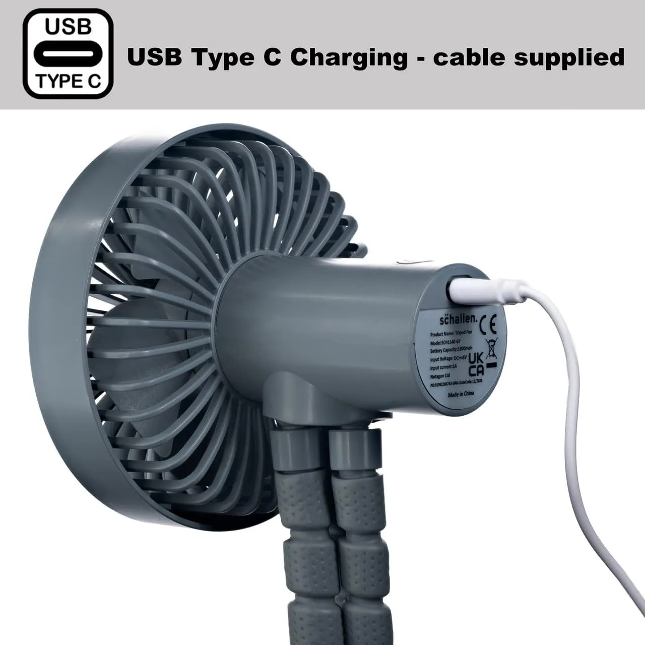 Rechargeable 4 Way Portable Lightweight Fan for Pram Fan, Car Seat, Desk, Office, Travel Fans | Clip on, Handheld, Tripod & Phone Holder (Grey)