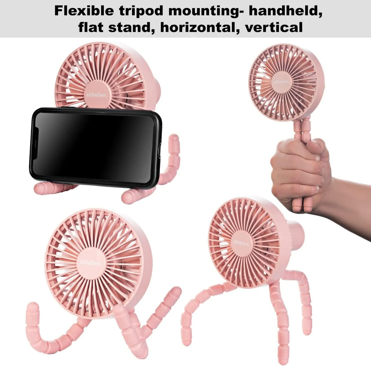 Rechargeable 4 Way Portable Lightweight Fan for Pram Fan, Car Seat, Desk, Office, Travel Fans | Clip on, Handheld, Tripod & Phone Holder (Pink)