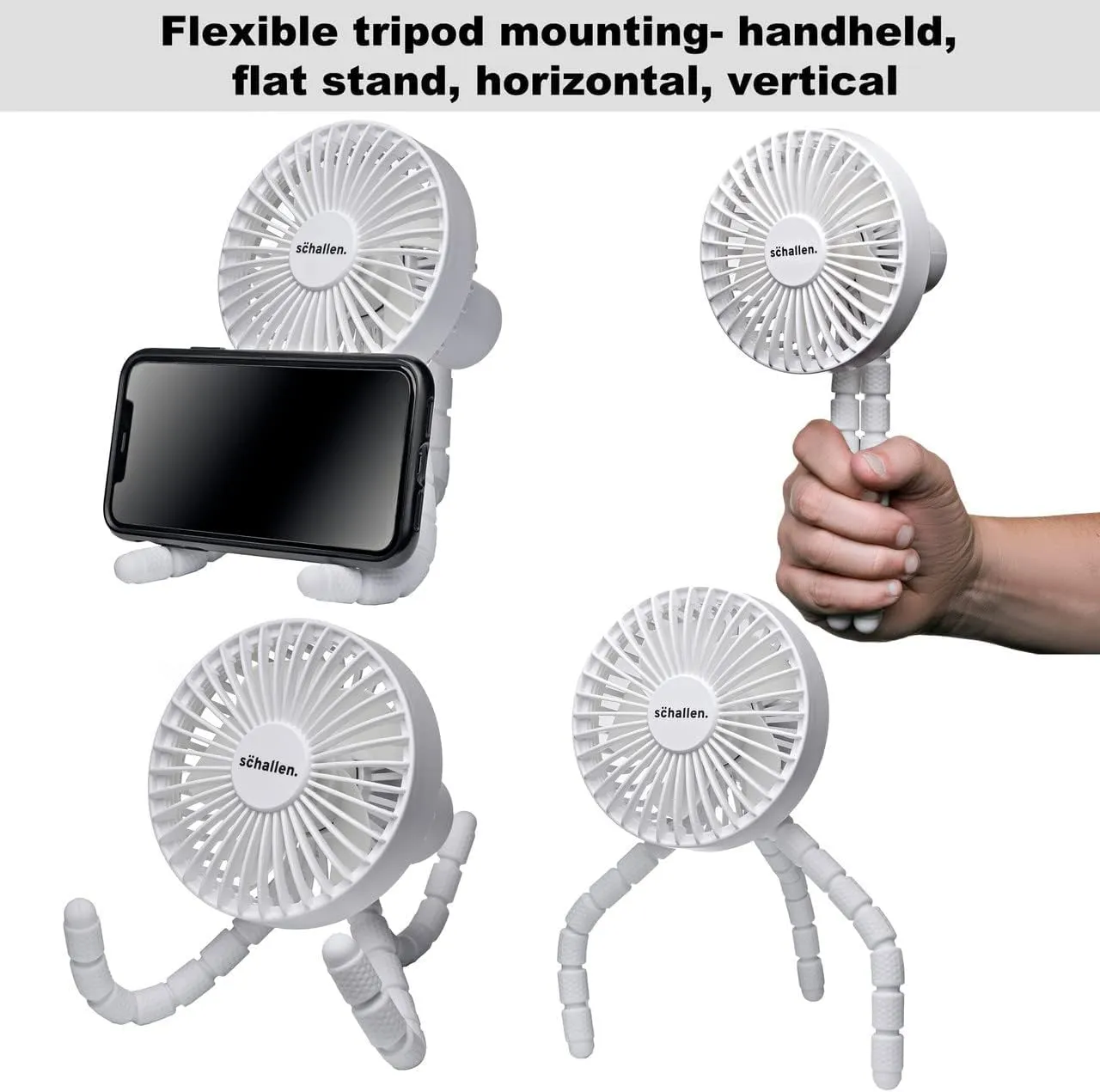 Rechargeable 4 Way Portable Lightweight Fan for Pram Fan, Car Seat, Desk, Office, Travel Fans | Clip on, Handheld, Tripod & Phone Holder (White)