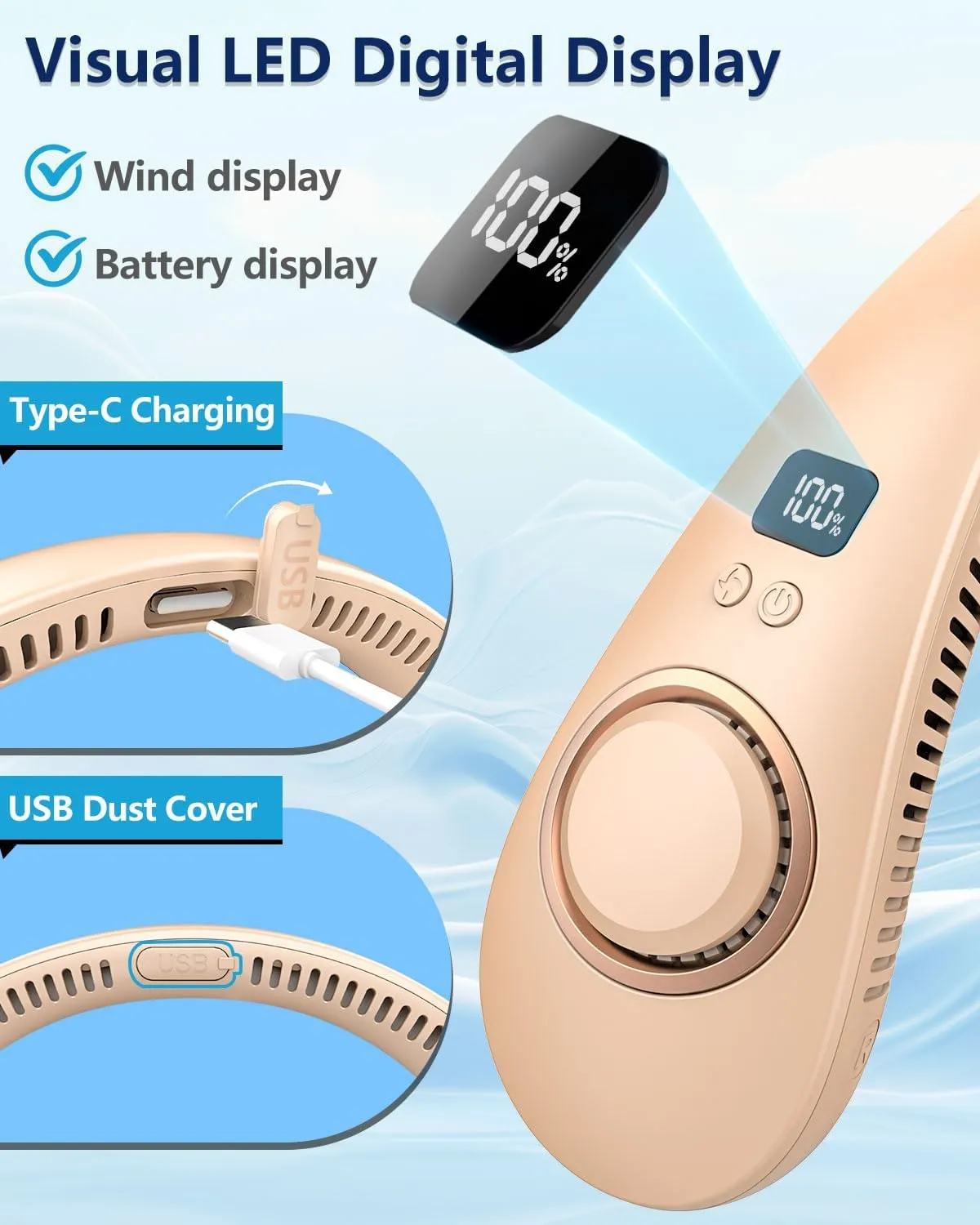 Rechargeable Fan Portable Neck Fan,Bladeless Personal Folding Fans with Strong Airflow,Battery Powered Hanging Neck Fan,Quite Around Neck Cooler,Flexible Neckband Wearable Cooling Fan for Travel