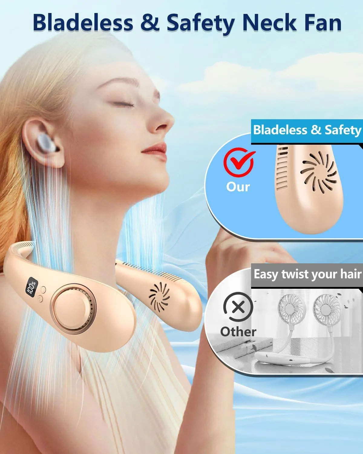 Rechargeable Fan Portable Neck Fan,Bladeless Personal Folding Fans with Strong Airflow,Battery Powered Hanging Neck Fan,Quite Around Neck Cooler,Flexible Neckband Wearable Cooling Fan for Travel