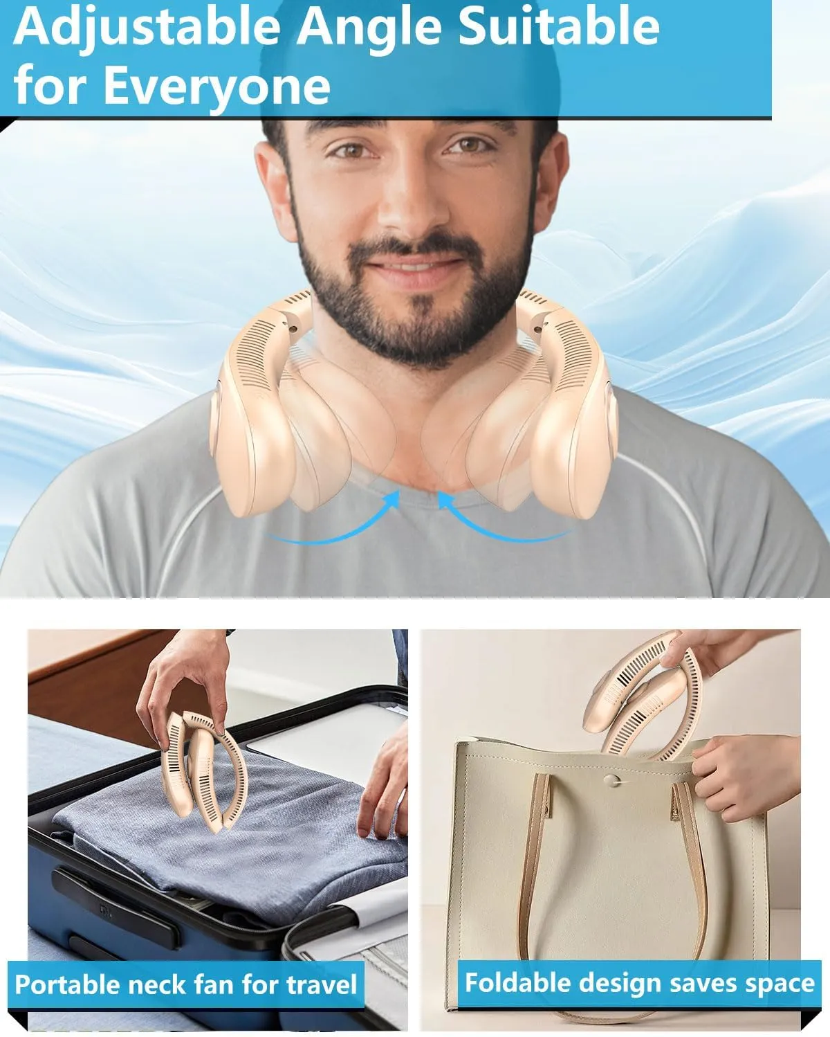 Rechargeable Fan Portable Neck Fan,Bladeless Personal Folding Fans with Strong Airflow,Battery Powered Hanging Neck Fan,Quite Around Neck Cooler,Flexible Neckband Wearable Cooling Fan for Travel