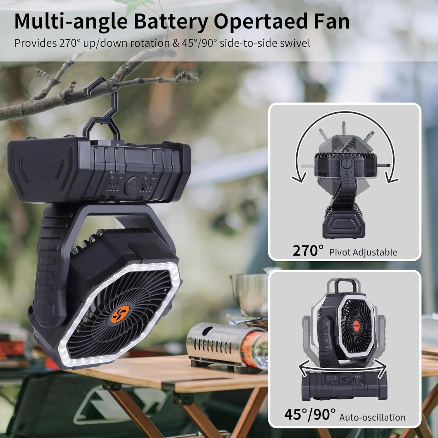  Rechargeable Fan Portable,Battery Powered Camping Fan with Light,Workup  &  Timer & Remote,Auto Oscillation Battery Operated Fans Portable for Camping - Hanging Hook