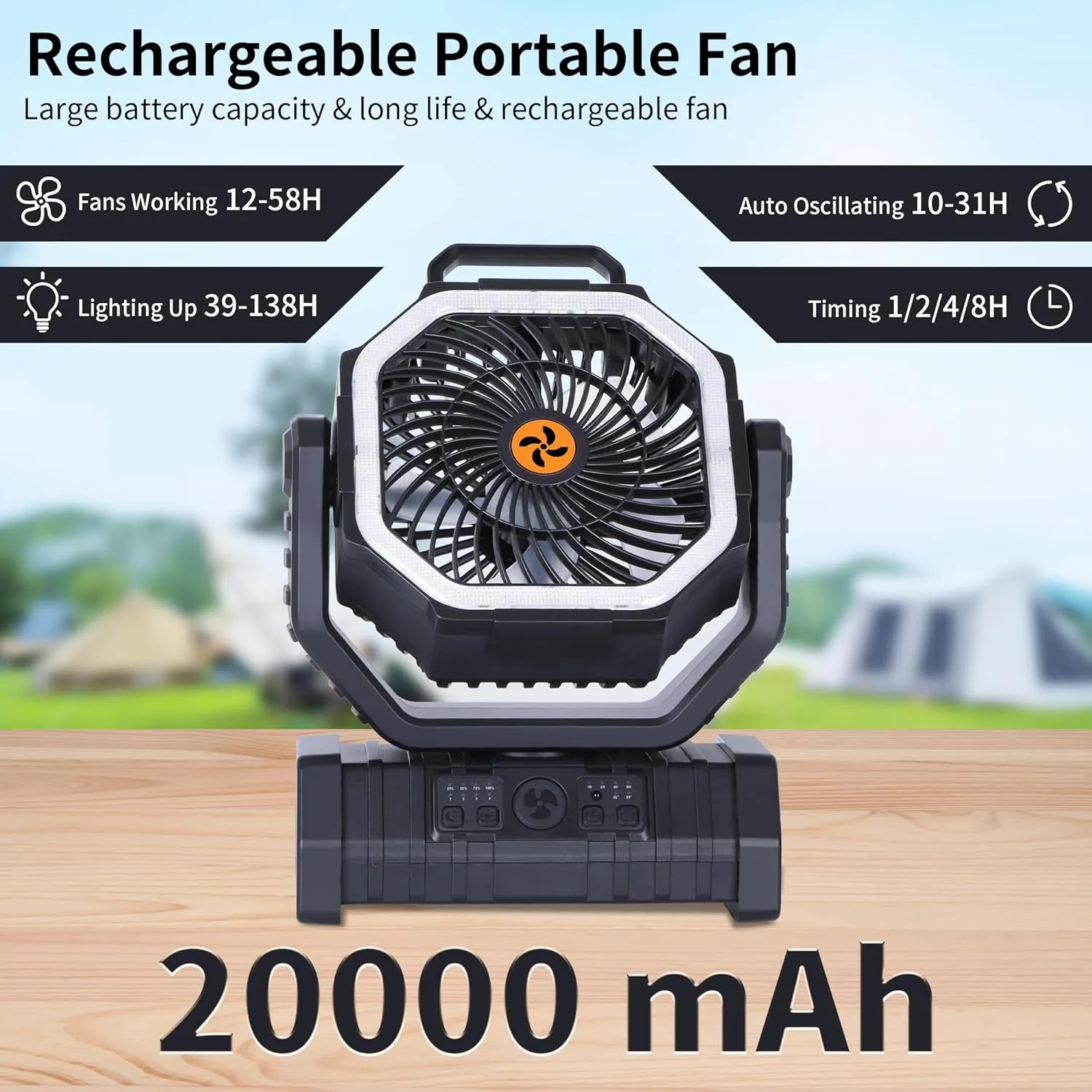  Rechargeable Fan Portable,Battery Powered Camping Fan with Light,Workup  &  Timer & Remote,Auto Oscillation Battery Operated Fans Portable for Camping - Hanging Hook