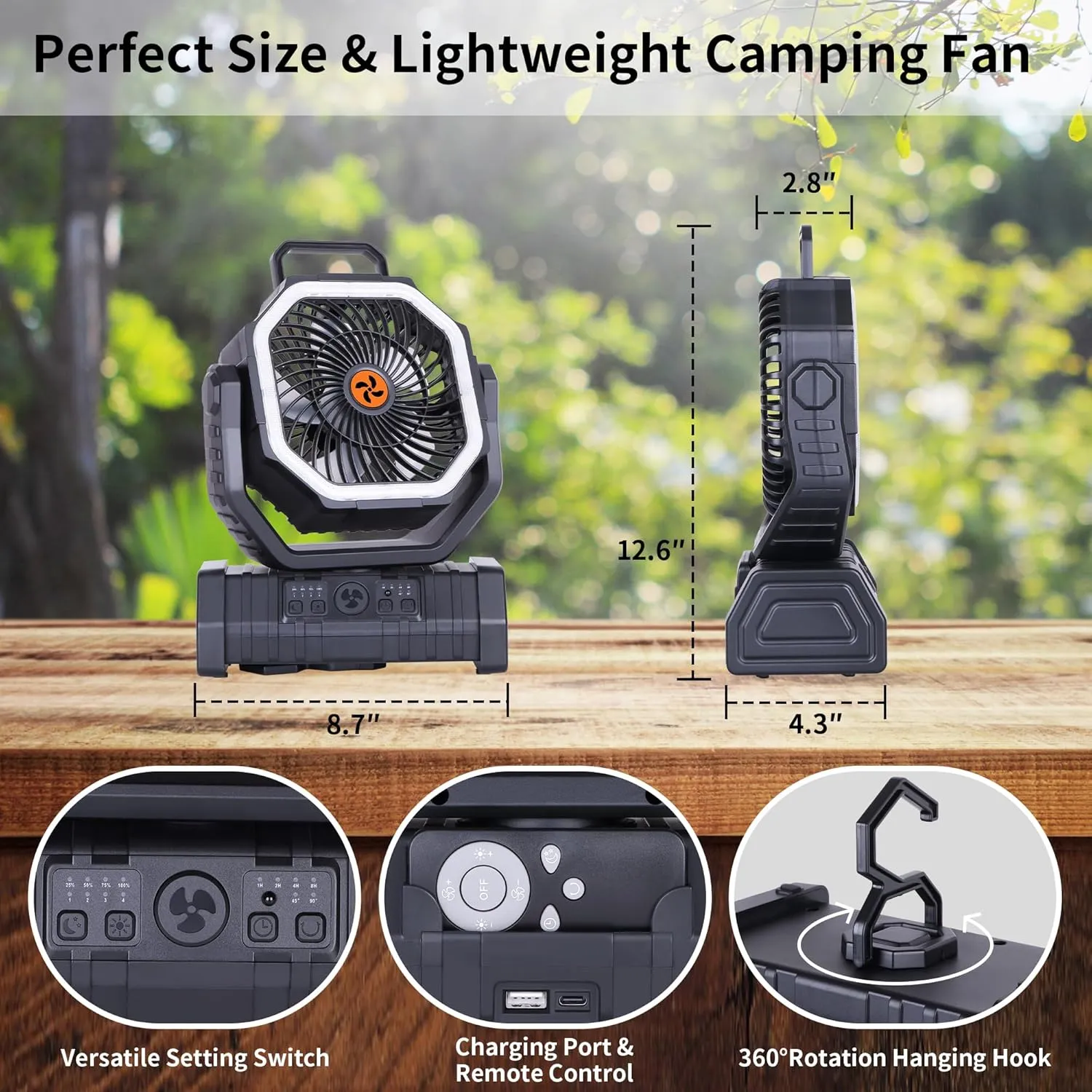  Rechargeable Fan Portable,Battery Powered Camping Fan with Light,Workup  &  Timer & Remote,Auto Oscillation Battery Operated Fans Portable for Camping - Hanging Hook