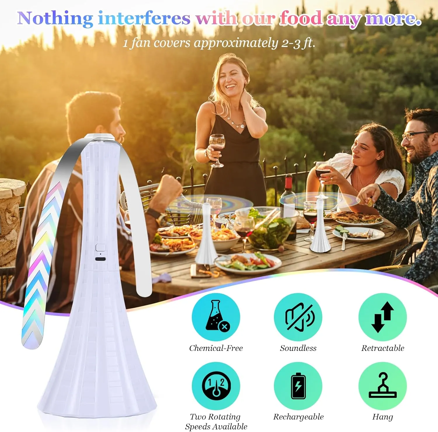 Rechargeable Fly Fans for Tables, Fly Fans for Outdoor Tables USB, Fly Fans to Keep Flies Away by Soft Blades, Food Fans for Camping, Picnic, Fishing, Fly Repellent Outdoor Patio, 3pcs, White
