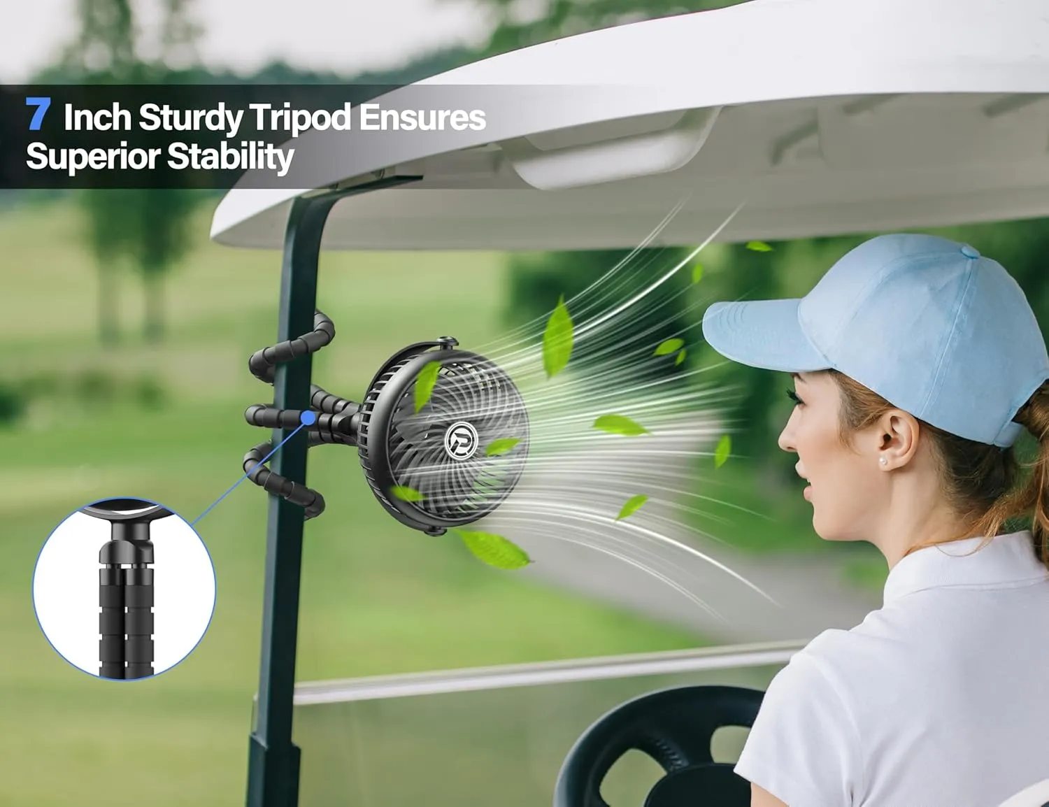 Rechargeable Golf Cart Fan Compatible with EZGO Club Car Yamaha Clip on Fan with Flexible Tripod, 360 Rotatable, 20Hrs Work, 3 Speed Battery Operated for Golf Cart Golf Palyer Summer Essential