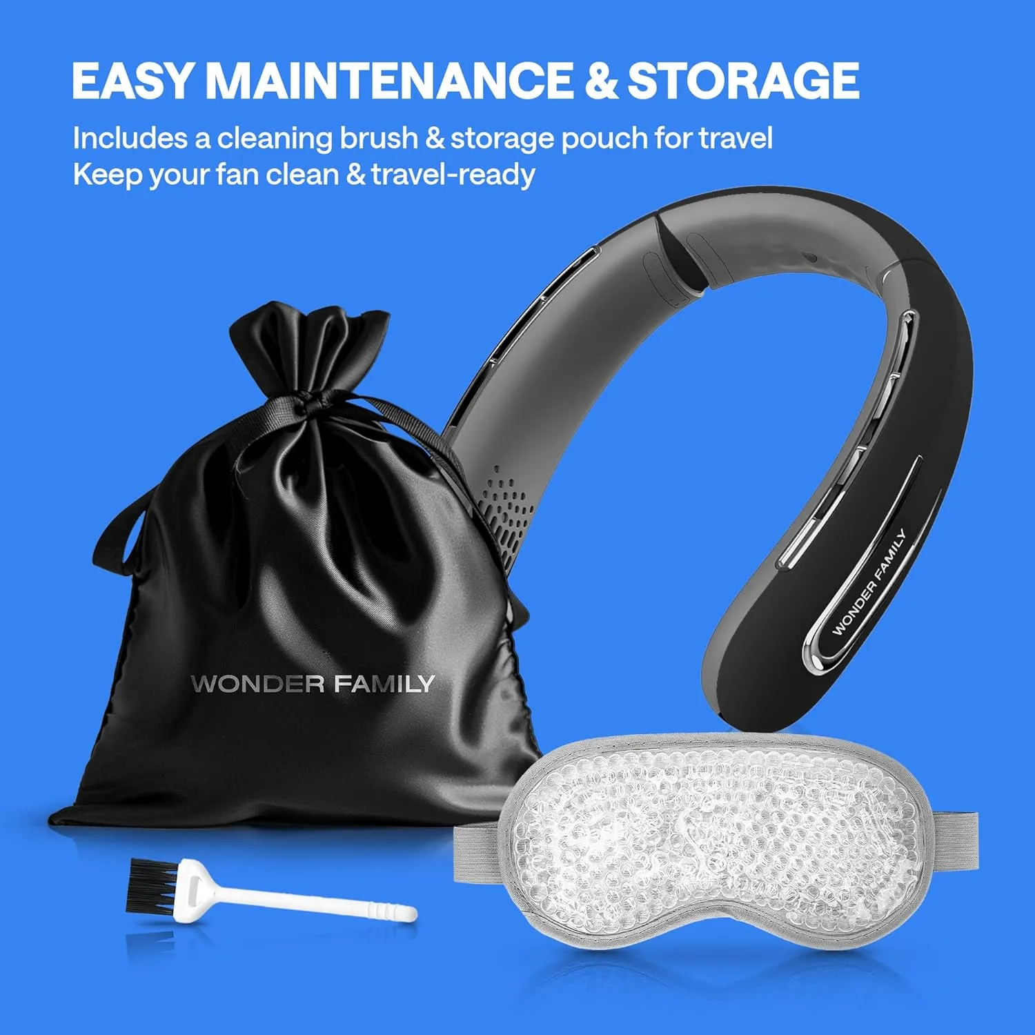 Rechargeable Neck Fan  Portable with 5 Speed Modes  Extended Package with Cooling Mask for Eyes, Cleaning Brush  Quiet, Bladeless  4000 mAH Battery, Portable Fan for Travel, Gym, Office, Home