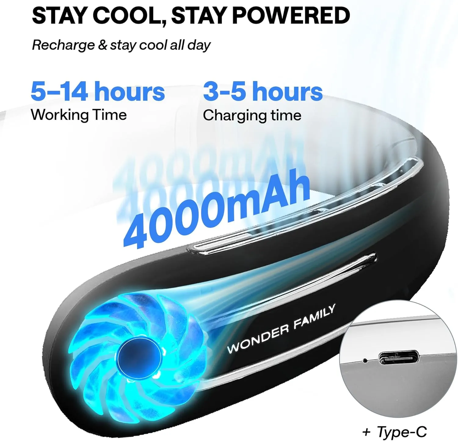 Rechargeable Neck Fan  Portable with 5 Speed Modes  Extended Package with Cooling Mask for Eyes, Cleaning Brush  Quiet, Bladeless  4000 mAH Battery, Portable Fan for Travel, Gym, Office, Home