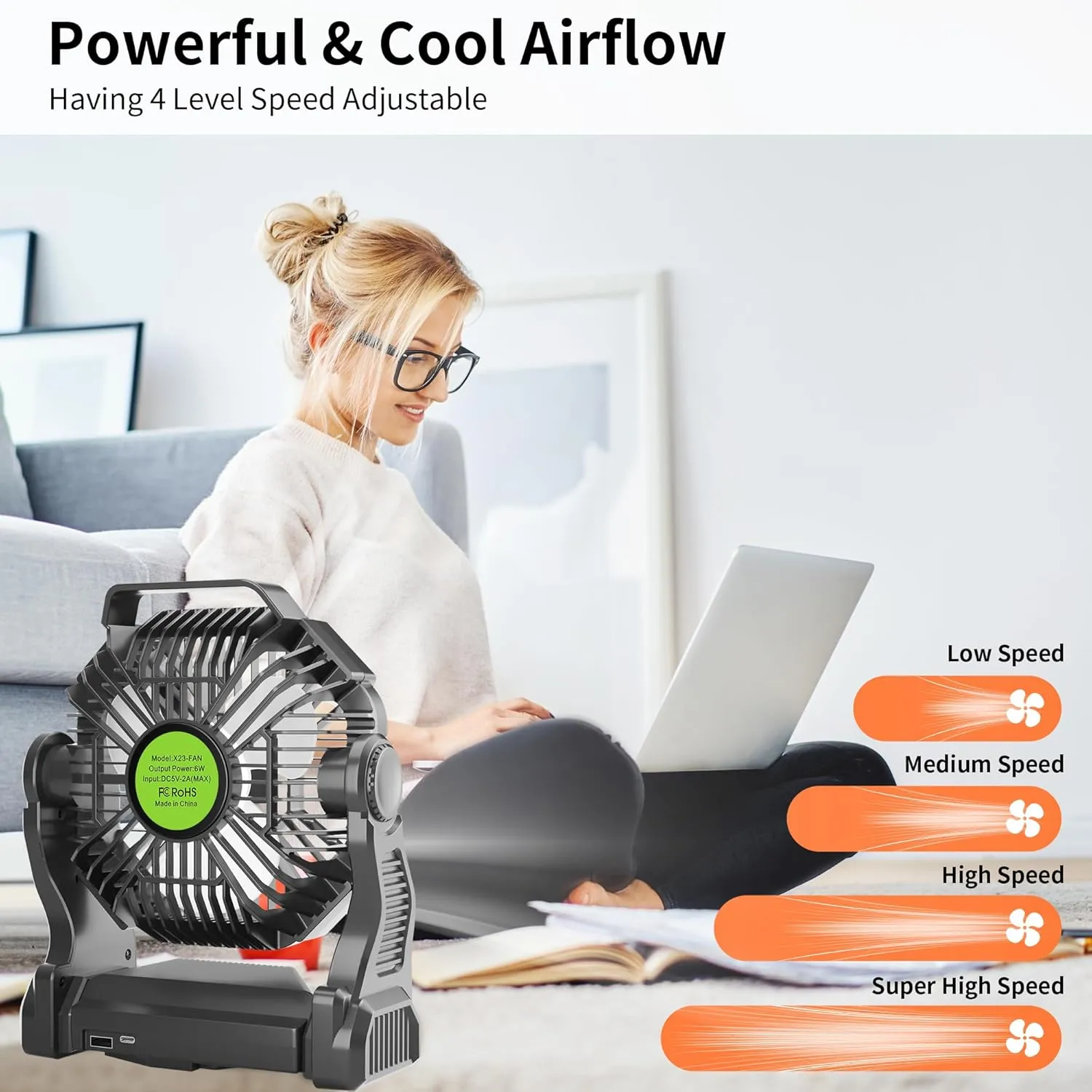 Rechargeable Portable Camping Fan for Tent with LED Light, 270Pivot USB Personal Battery Powered Fan Outdoor Camping Essentials Battery Operated Portable for Travel X23 Black