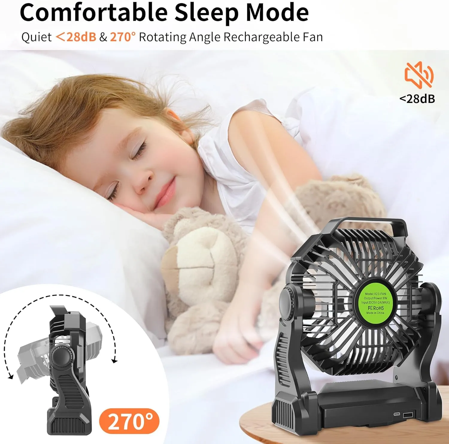 Rechargeable Portable Camping Fan for Tent with LED Light, 270Pivot USB Personal Battery Powered Fan Outdoor Camping Essentials Battery Operated Portable for Travel X23 Black