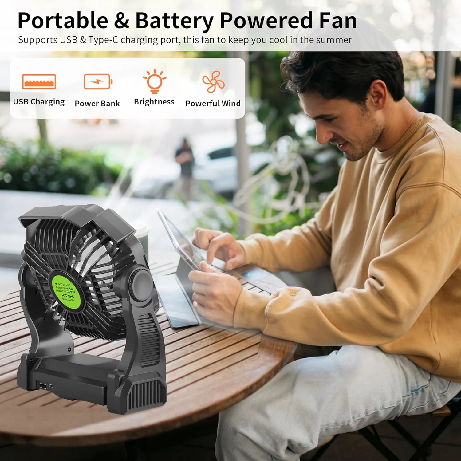 Rechargeable Portable Camping Fan for Tent with LED Light, 270Pivot USB Personal Battery Powered Fan Outdoor Camping Essentials Battery Operated Portable for Travel X23 Black