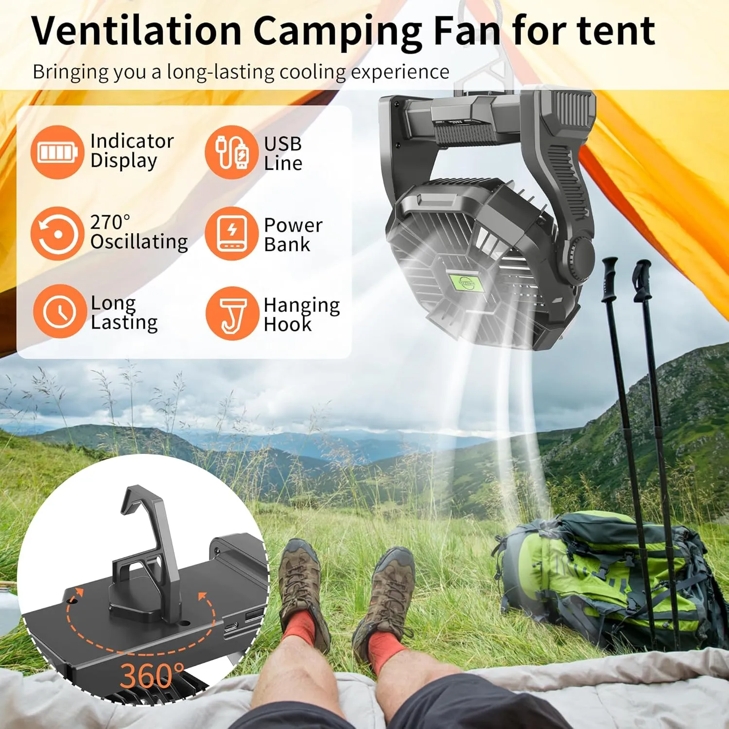 Rechargeable Portable Camping Fan for Tent with LED Light, 270Pivot USB Personal Battery Powered Fan Outdoor Camping Essentials Battery Operated Portable for Travel X23 Black