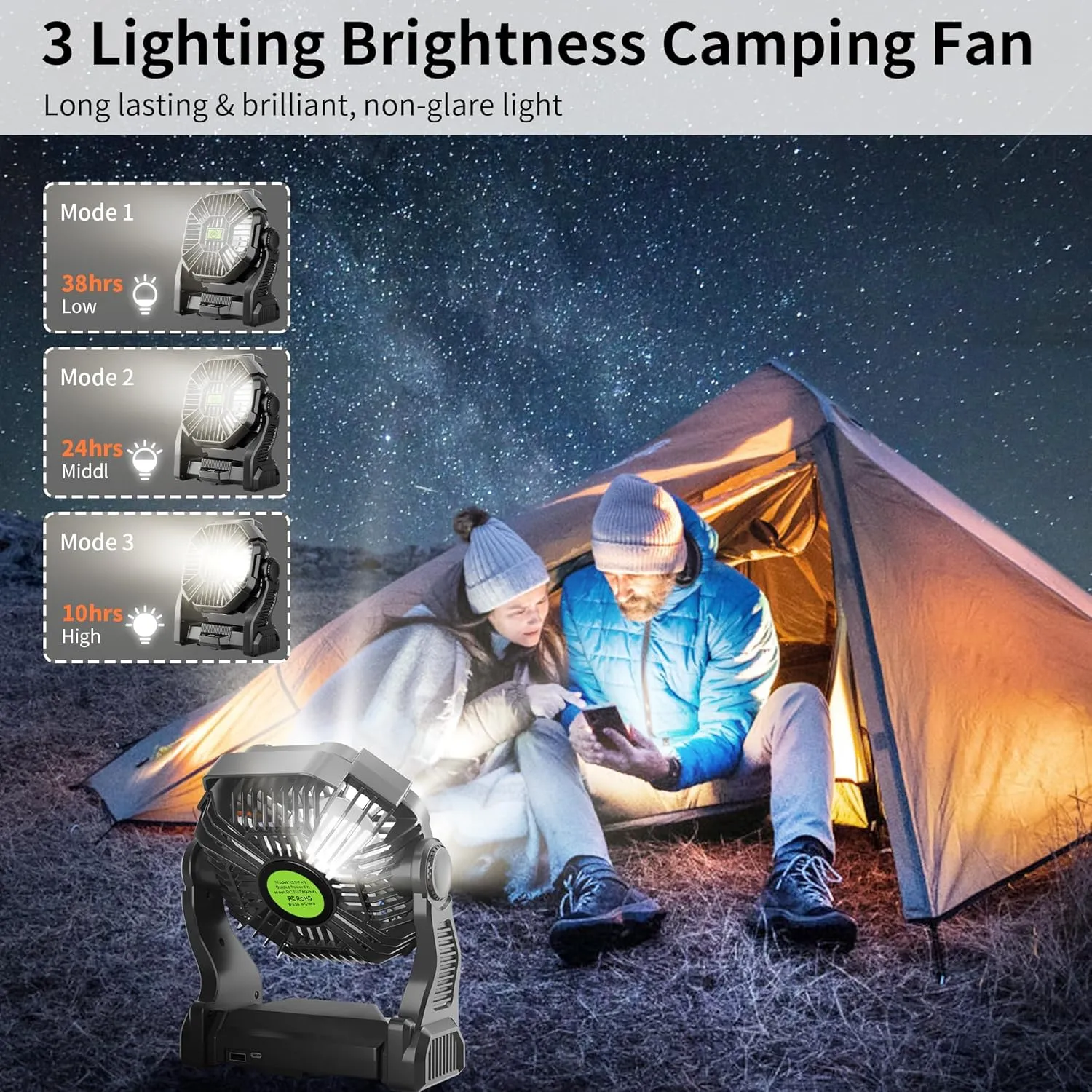 Rechargeable Portable Camping Fan for Tent with LED Light, 270Pivot USB Personal Battery Powered Fan Outdoor Camping Essentials Battery Operated Portable for Travel X23 Black
