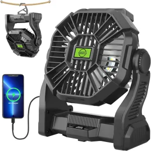 Rechargeable Portable Camping Fan for Tent with LED Light, 270Pivot USB Personal Battery Powered Fan Outdoor Camping Essentials Battery Operated Portable for Travel X23 Black 360-degree rotating fan for home use