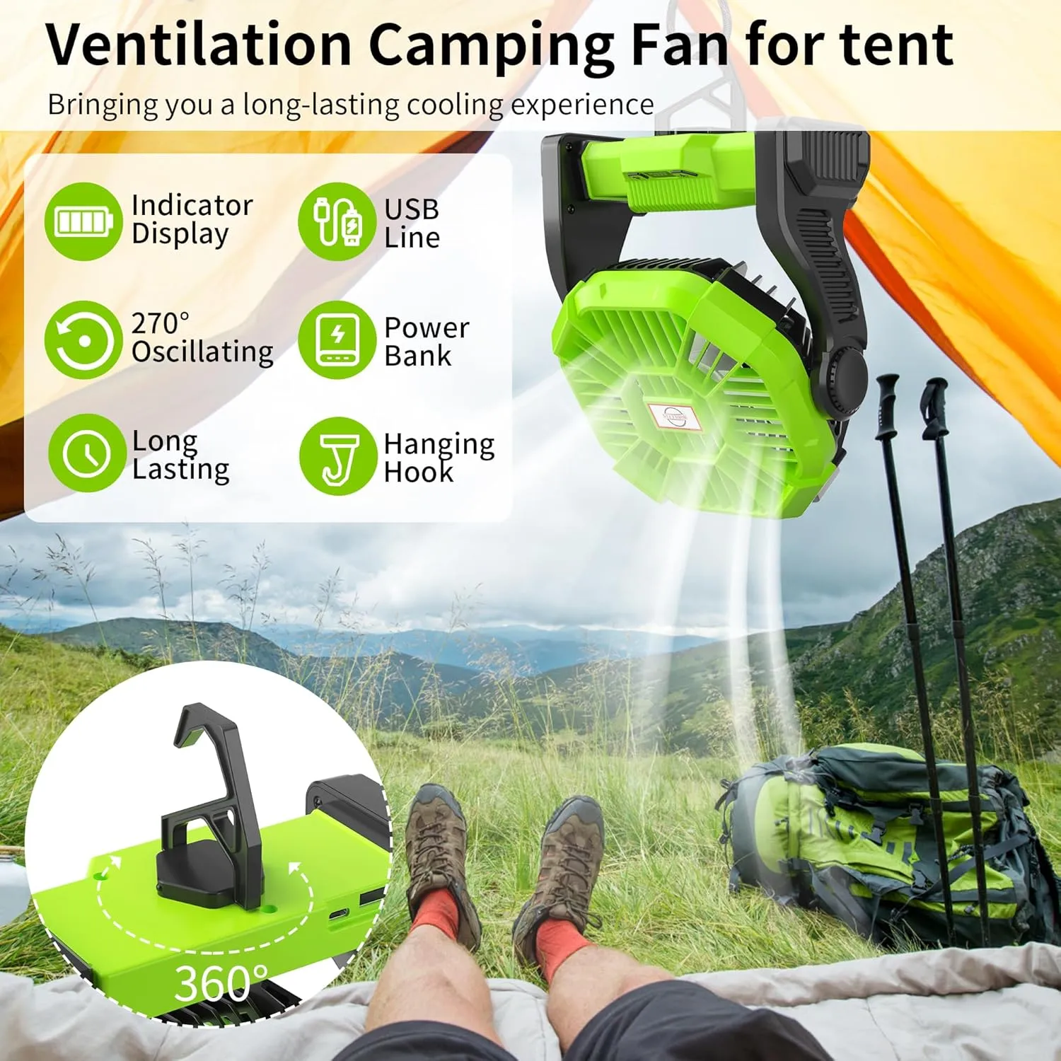 Rechargeable Portable Camping Fan for Tent with LED Light, 270Pivot USB Personal Battery Powered Fan Outdoor Camping Essentials Battery Operated Portable for Travel X23 Green