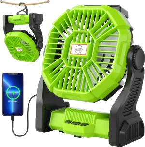 Rechargeable Portable Camping Fan for Tent with LED Light, 270Pivot USB Personal Battery Powered Fan Outdoor Camping Essentials Battery Operated Portable for Travel X23 Green 360-degree rotating fan for home use
