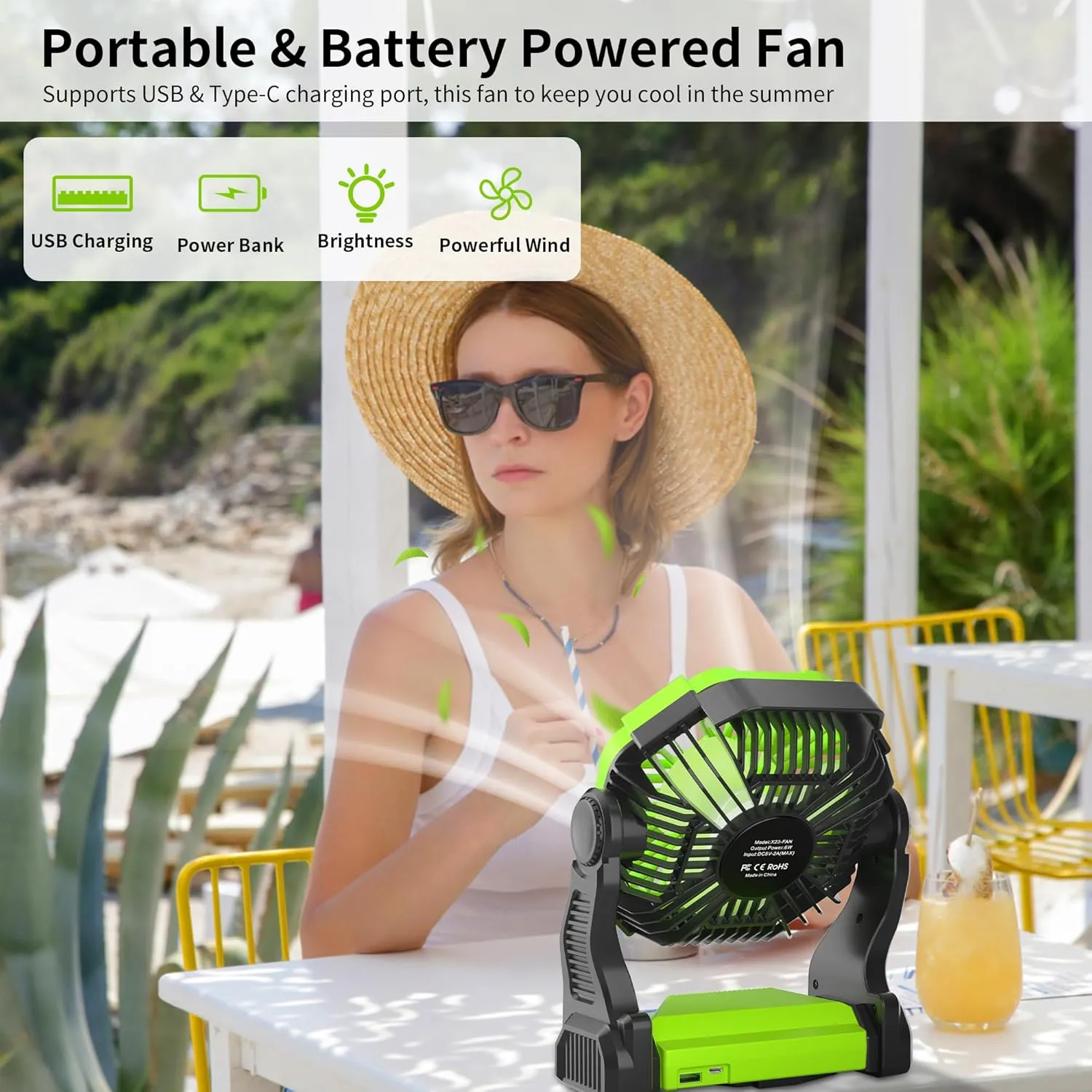 Rechargeable Portable Camping Fan for Tent with LED Light, 270Pivot USB Personal Battery Powered Fan Outdoor Camping Essentials Battery Operated Portable for Travel X23 Green
