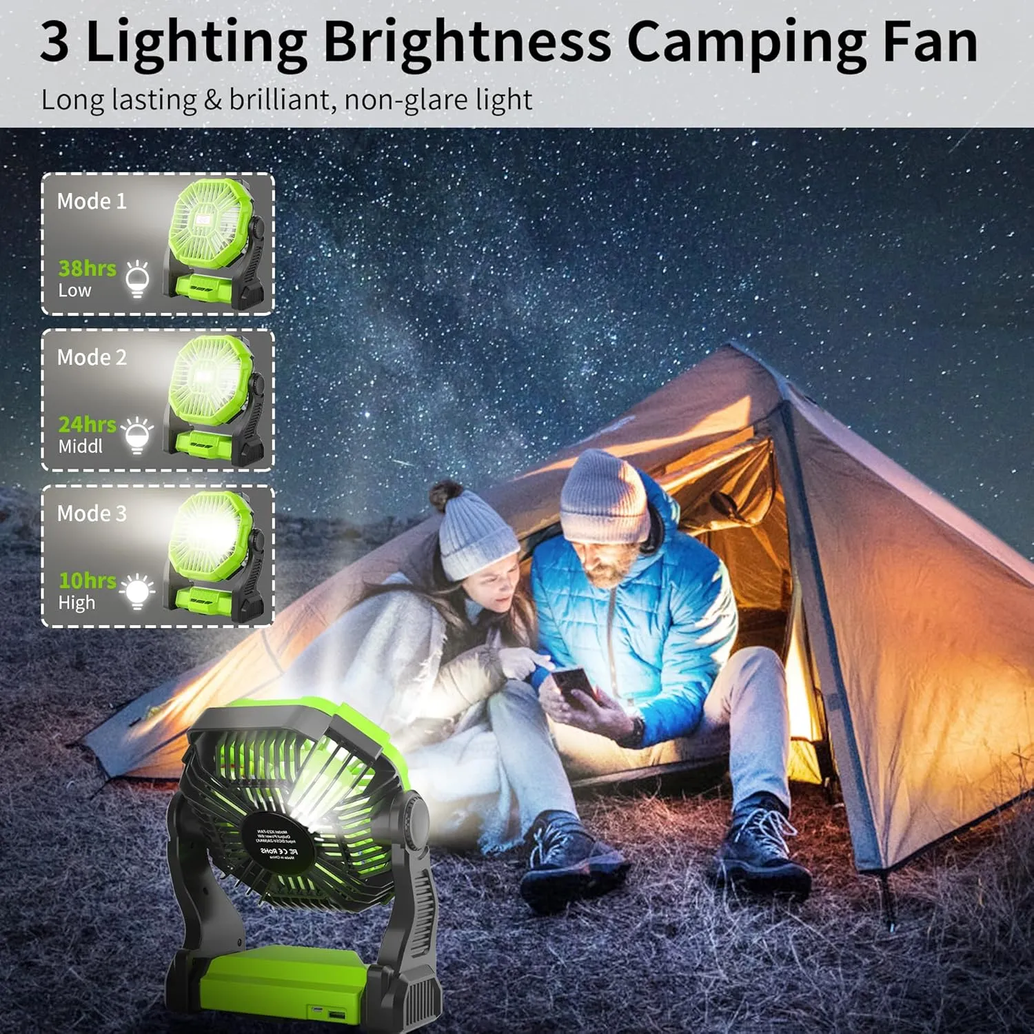 Rechargeable Portable Camping Fan for Tent with LED Light, 270Pivot USB Personal Battery Powered Fan Outdoor Camping Essentials Battery Operated Portable for Travel X23 Green