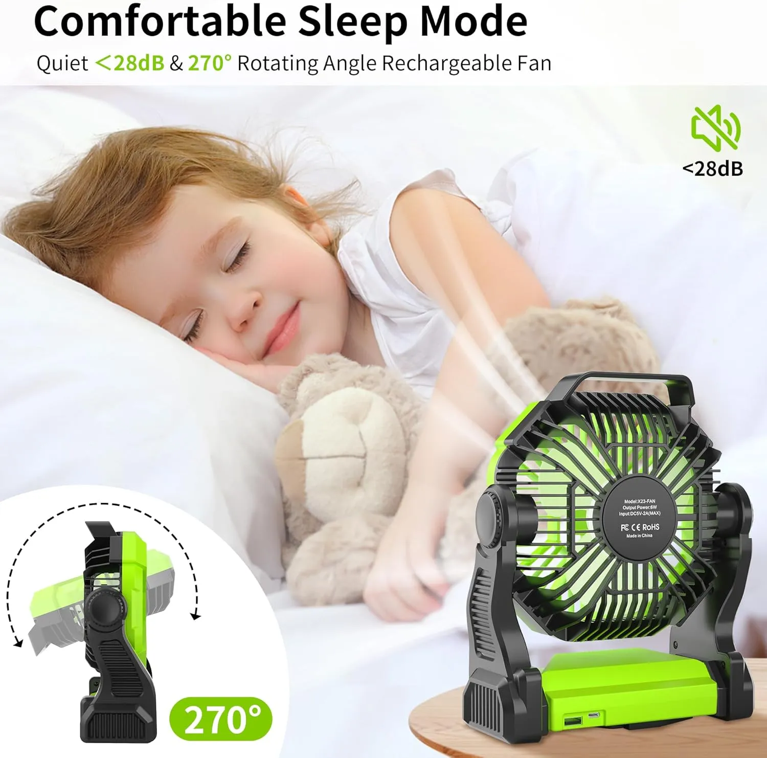 Rechargeable Portable Camping Fan for Tent with LED Light, 270Pivot USB Personal Battery Powered Fan Outdoor Camping Essentials Battery Operated Portable for Travel X23 Green
