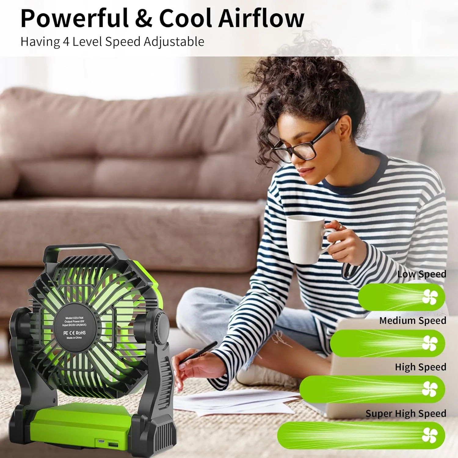 Rechargeable Portable Camping Fan for Tent with LED Light, 270Pivot USB Personal Battery Powered Fan Outdoor Camping Essentials Battery Operated Portable for Travel X23 Green