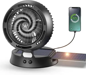 Rechargeable Solar Fan Outdoor for Camping - 10400mAh Battery Operated Fans Solar Portable Tent Fan for Greenhouse,LED Lantern,4 Speeds with PowerBank for Car,Ship,Carnival Solar-powered car fan for ventilation
