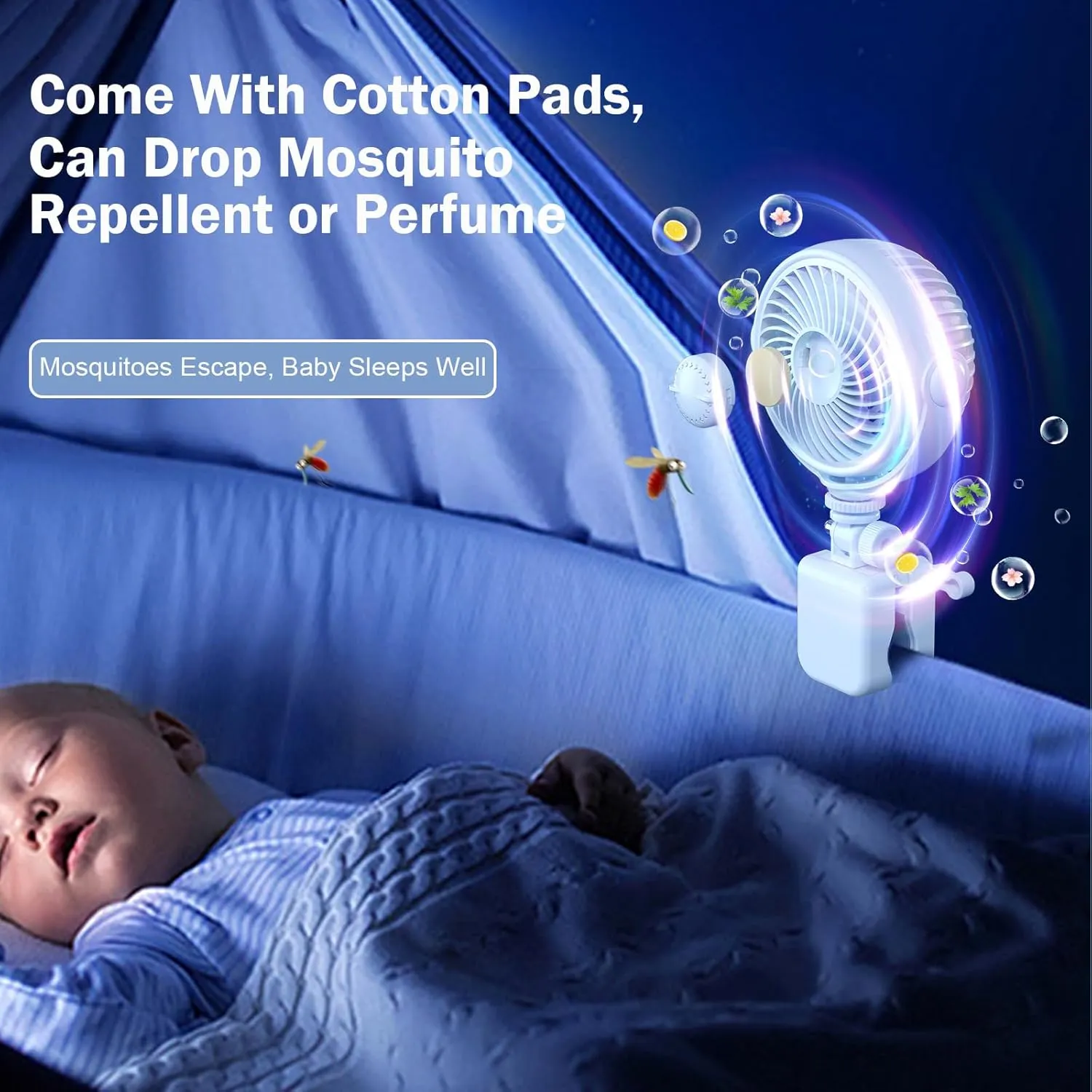 Rechargeable Stroller Fan Clip On for Baby - Clip Fan for Babies Battery Operated for Stroller Bike Travel Trip Camping, 360Rotatable, 4 Wind Speed, Blue