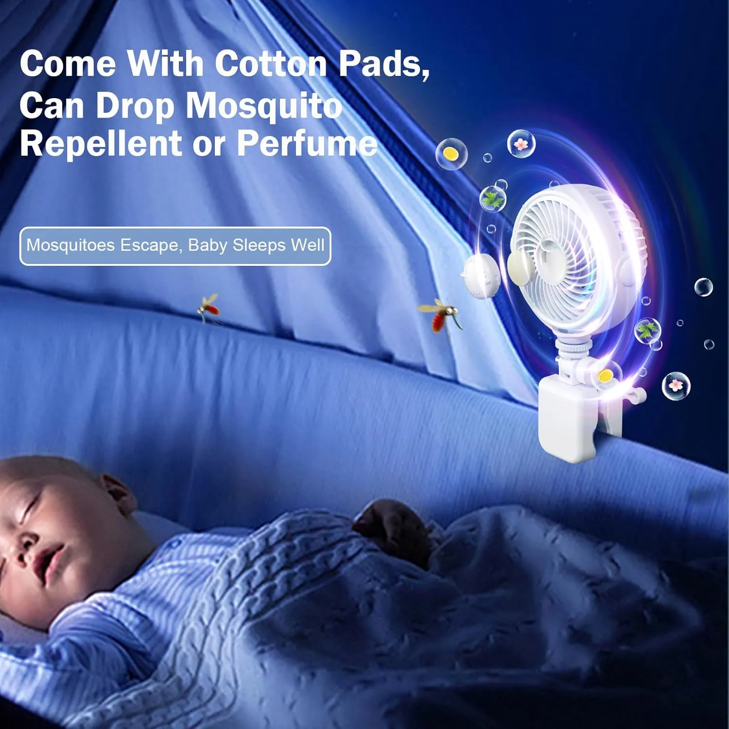 Rechargeable Stroller Fan Clip On for Baby - Clip Fan for Babies Battery Operated for Stroller Bike Travel Trip Camping, 360Rotatable, 4 Wind Speed, White
