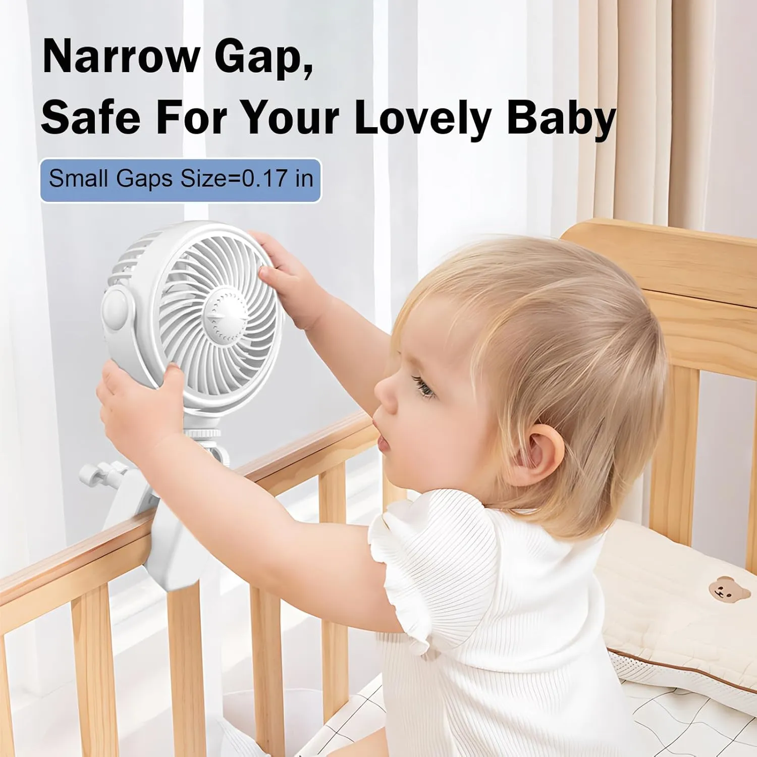 Rechargeable Stroller Fan Clip On for Baby - Clip Fan for Babies Battery Operated for Stroller Bike Travel Trip Camping, 360Rotatable, 4 Wind Speed, White