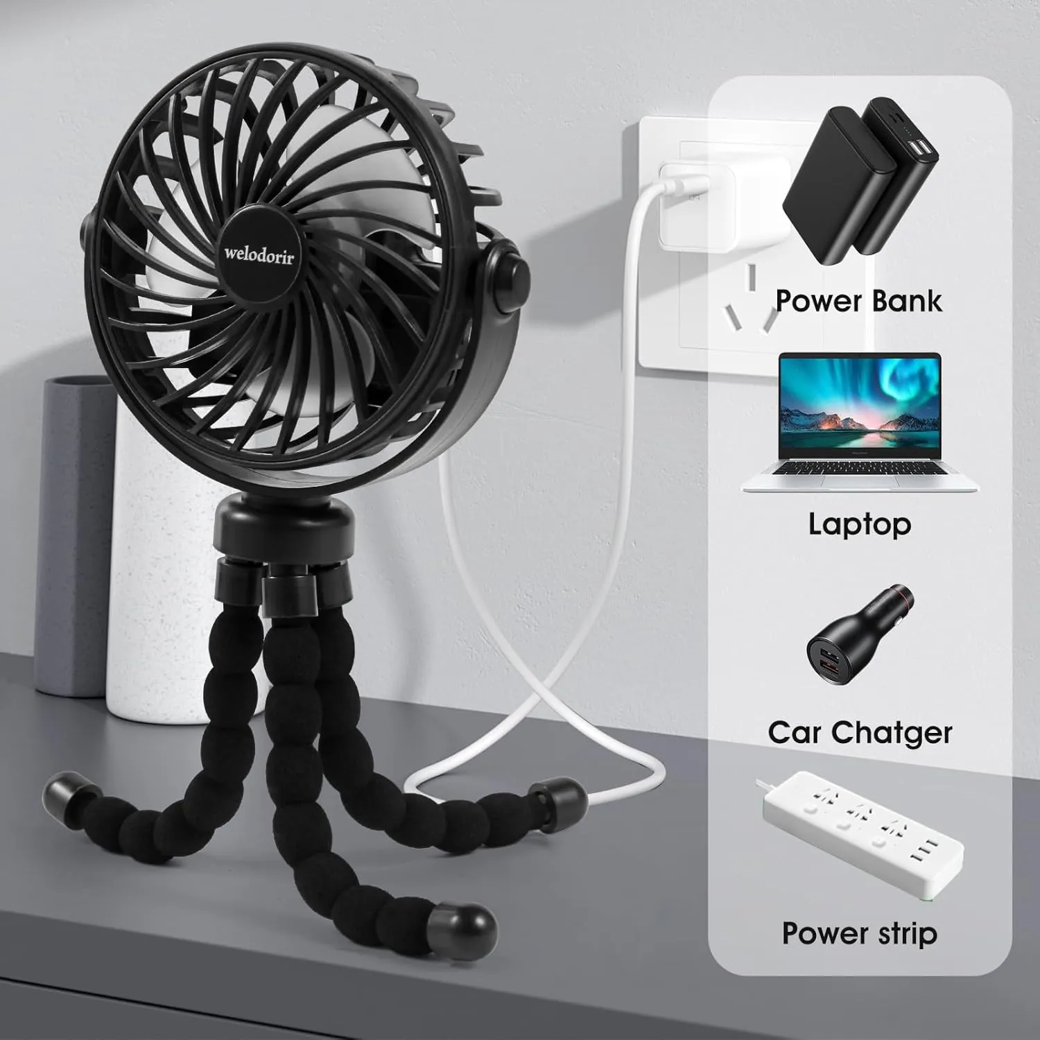 Rechargeable Stroller Fan Portable USB Small Handheld Mini Car Seat Clip On Fan With Flexible Tripod 3 Speed 360 Rotate for Push Chair Crib Office Treadmill Bike and Travel
