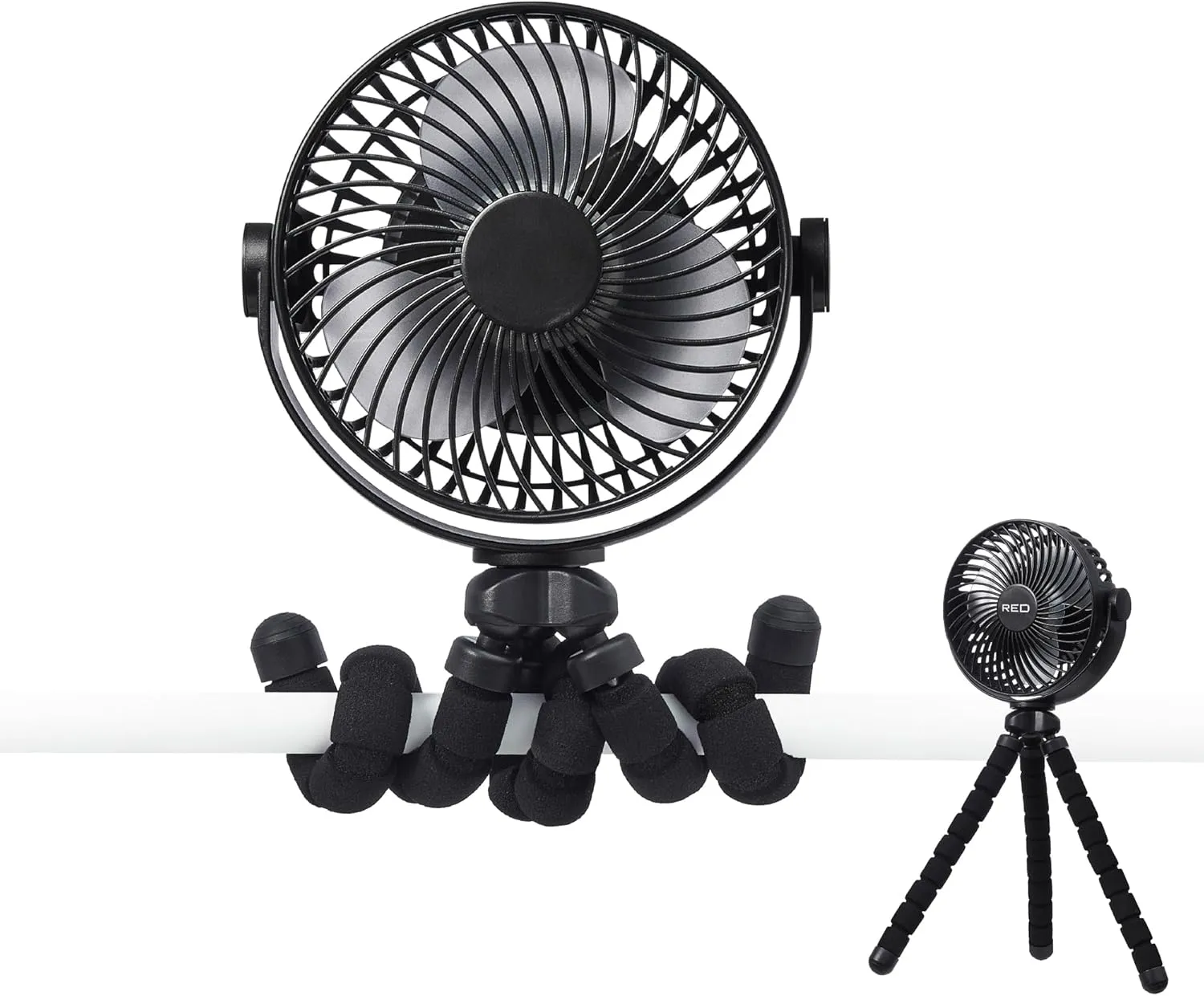 Red by Kiss Flexi Tripod Fan  Portable USB-C Rechargeable Stroller, 4-Speed Quiet Mini size with 360 Rotation for Travel, Gym, Desk 360-degree rotating fan for home use