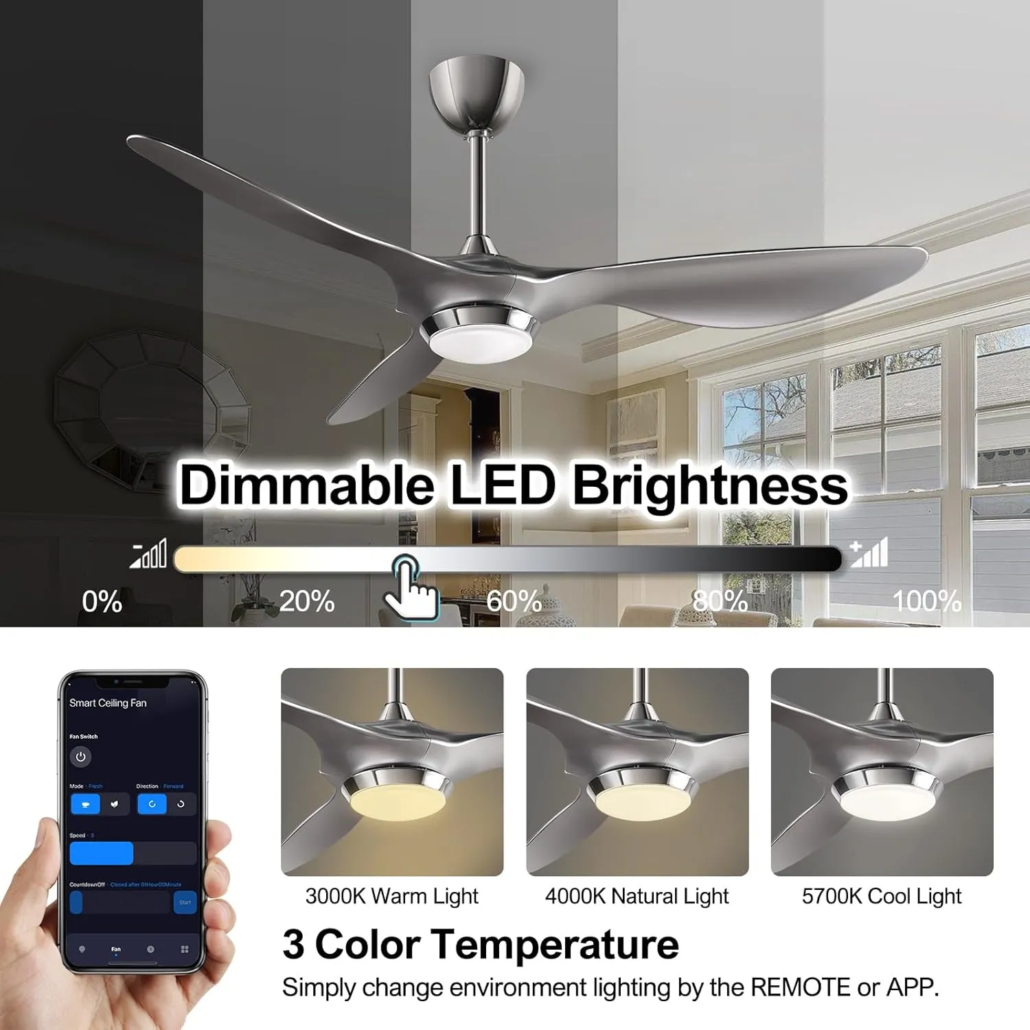 reiga 52 Inch Modern Smart WiFi Ceiling Fan with Light and Remote Control, Living Room Bedroom Patio 3 Blade Ceiling Fans with Reversible Mute DC Motor, Silver