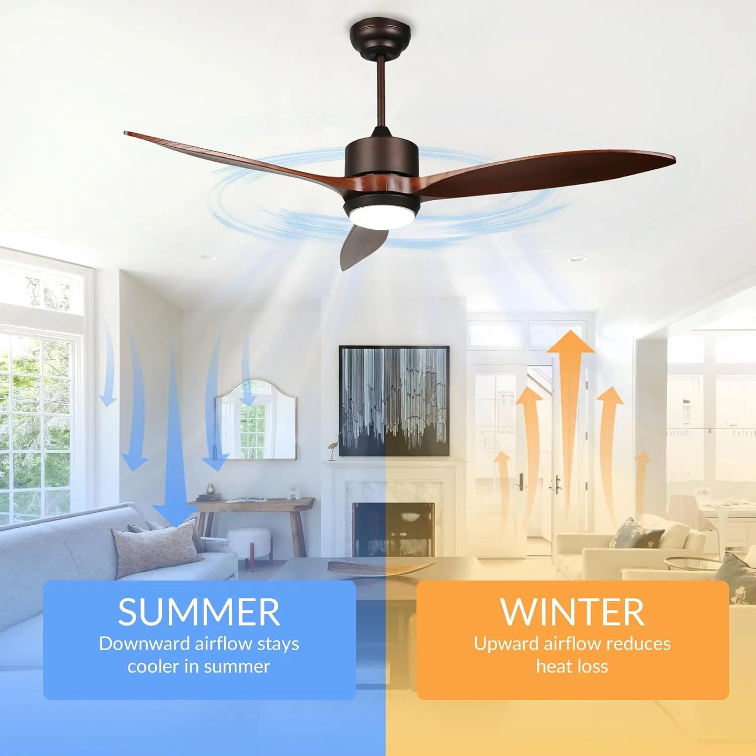 reiga 52 Inch Smart Wood Ceiling Fan with Light and Remote Control, Quiet DC Motor 3 Blades Propeller Ceiling Fans for Patio, Living Room, Farmhouse