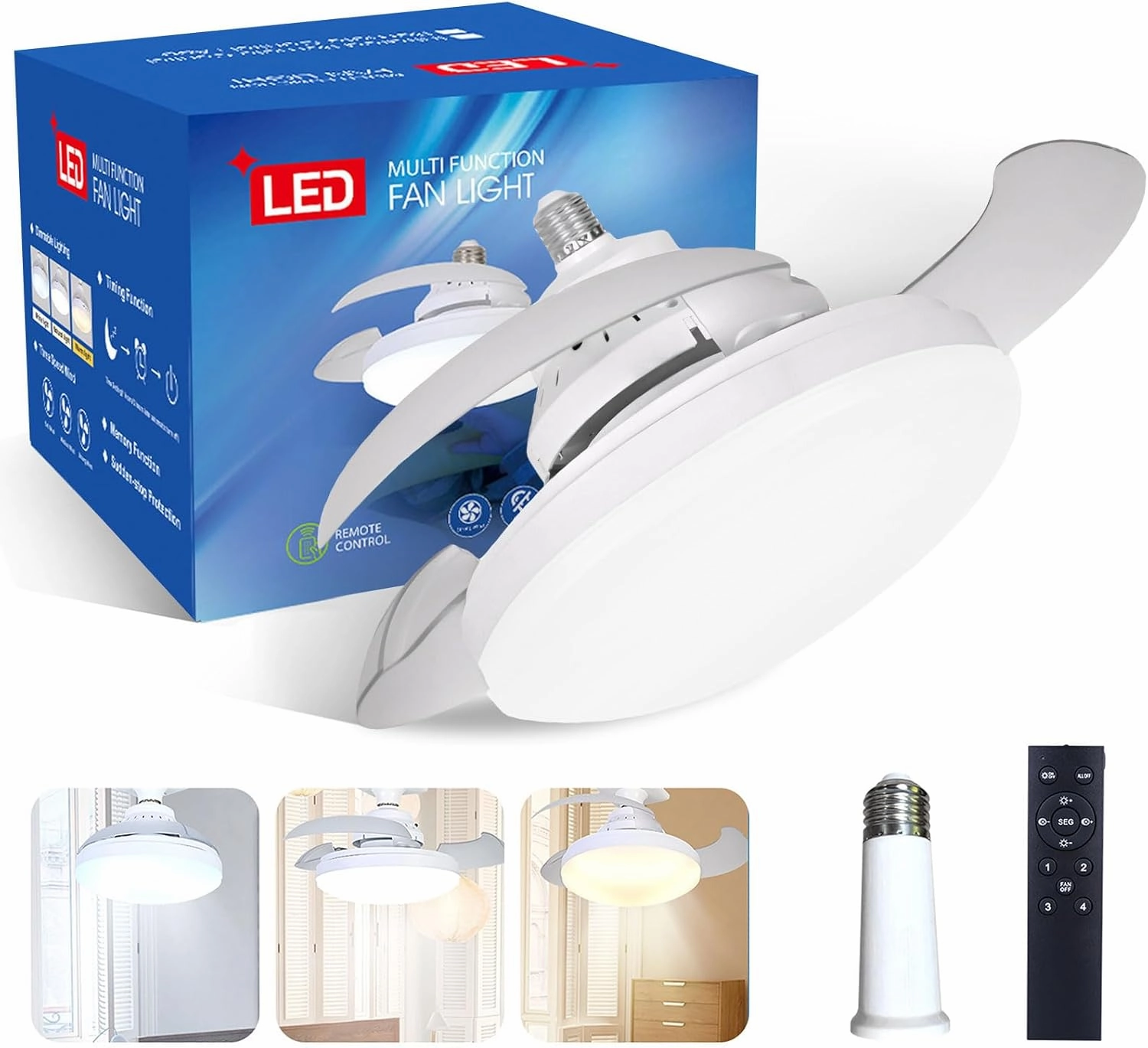 Retractable Ceiling Fan with Lights, Socket Fan Light with APP and Remote Control, 3 Colors Ceiling Lights 3000K-6000K Dimmable, 4 Speed Small Fandelier for Living Room Bedroom (A) App-controlled remote fan for convenience