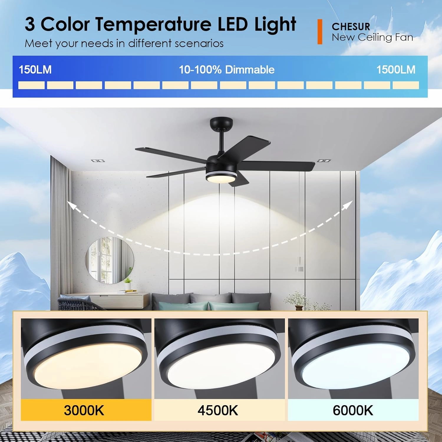 RGB Black Ceiling Fans with Lights - 46in Modern Low Profile Ceiling Fan with Lights and Remote Control, 5 Dual-Sided Blades, Reversible DC Motor, Ceiling Fan for Indoor and Outdoor