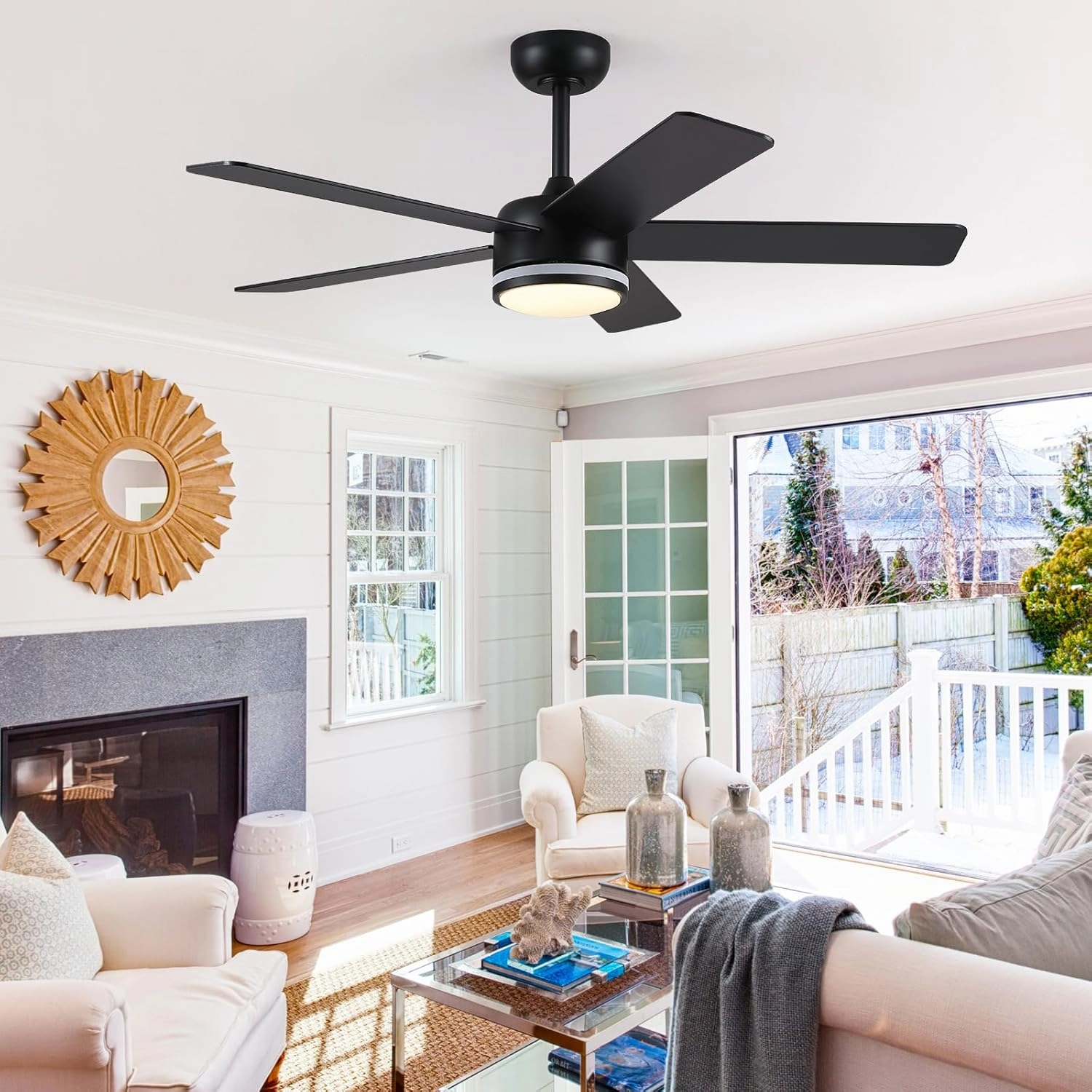 RGB Black Ceiling Fans with Lights - 46in Modern Low Profile Ceiling Fan with Lights and Remote Control, 5 Dual-Sided Blades, Reversible DC Motor, Ceiling Fan for Indoor and Outdoor