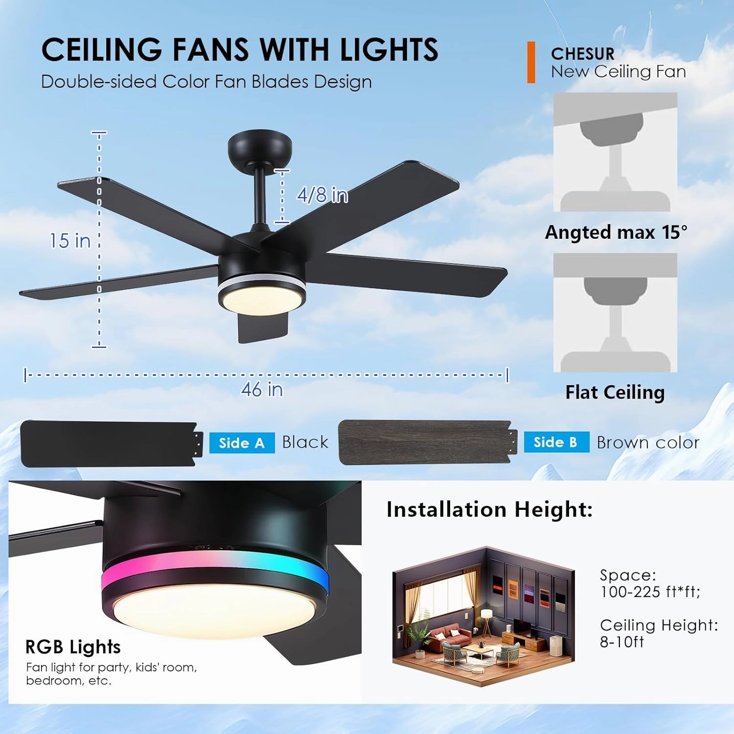 RGB Black Ceiling Fans with Lights - 46in Modern Low Profile Ceiling Fan with Lights and Remote Control, 5 Dual-Sided Blades, Reversible DC Motor, Ceiling Fan for Indoor and Outdoor