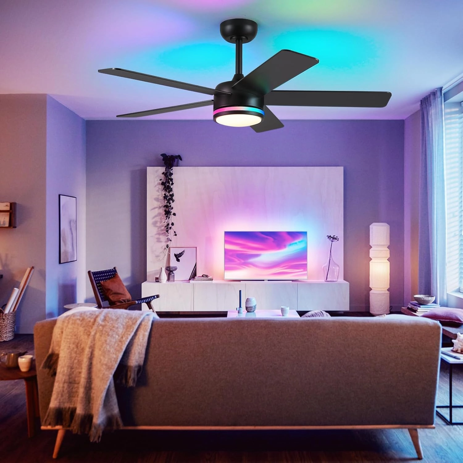 RGB Black Ceiling Fans with Lights - 46in Modern Low Profile Ceiling Fan with Lights and Remote Control, 5 Dual-Sided Blades, Reversible DC Motor, Ceiling Fan for Indoor and Outdoor