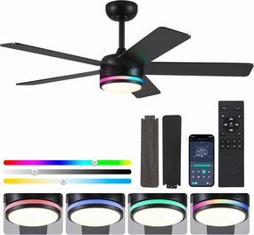 RGB Black Ceiling Fans with Lights - 46in Modern Low Profile Ceiling Fan with Lights and Remote Control, 5 Dual-Sided Blades, Reversible DC Motor, Ceiling Fan for Indoor and Outdoor App-controlled remote fan for convenience