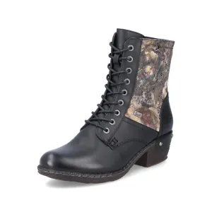 Rieker Shoes 93614-00 Black Floral Multi Ankle Lace/Zip RTex