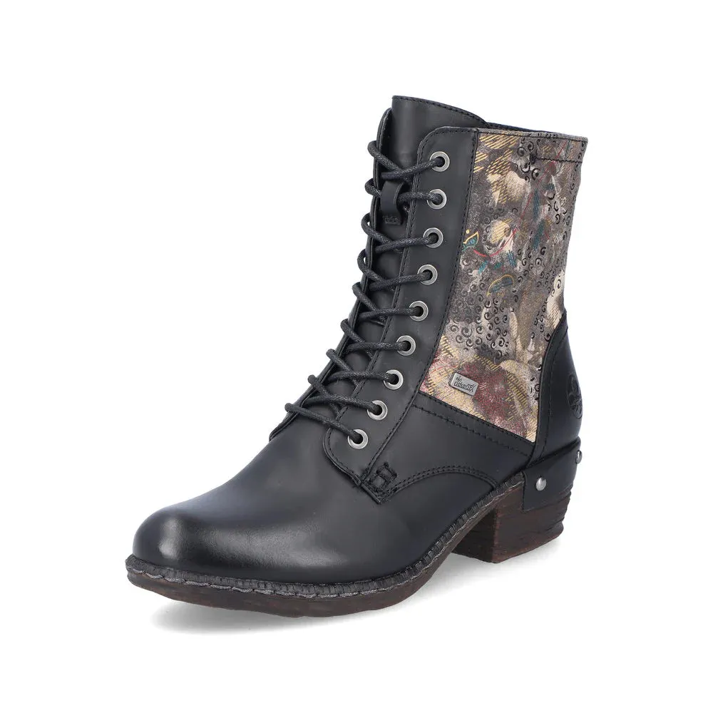 Rieker Shoes 93614-00 Black Floral Multi Ankle Lace/Zip RTex