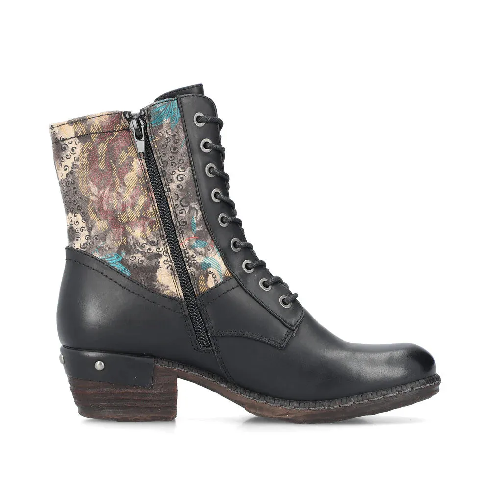 Rieker Shoes 93614-00 Black Floral Multi Ankle Lace/Zip RTex