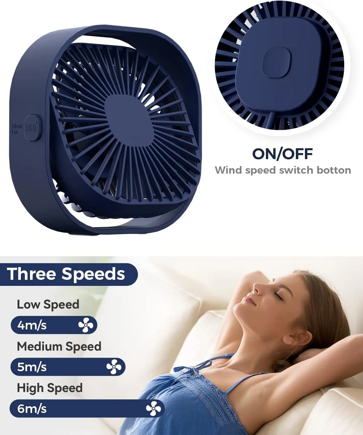 RJVW 4 Inch Small USB Desk Fan, 3-Speed Portable & 360Rotatable Mini Cooling Fan, USB-Powered Desktop Fan for Home Office Bedroom Dorm Indoor Outdoor Summer Gift