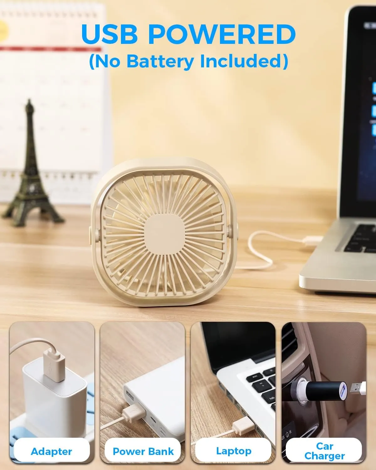 RJVW 4 Inch Small USB Desk Fan, 3-Speed Portable & 360Rotatable Mini Cooling Fan, USB-Powered Desktop Fan for Home Office Bedroom Dorm Indoor Outdoor Summer Gift