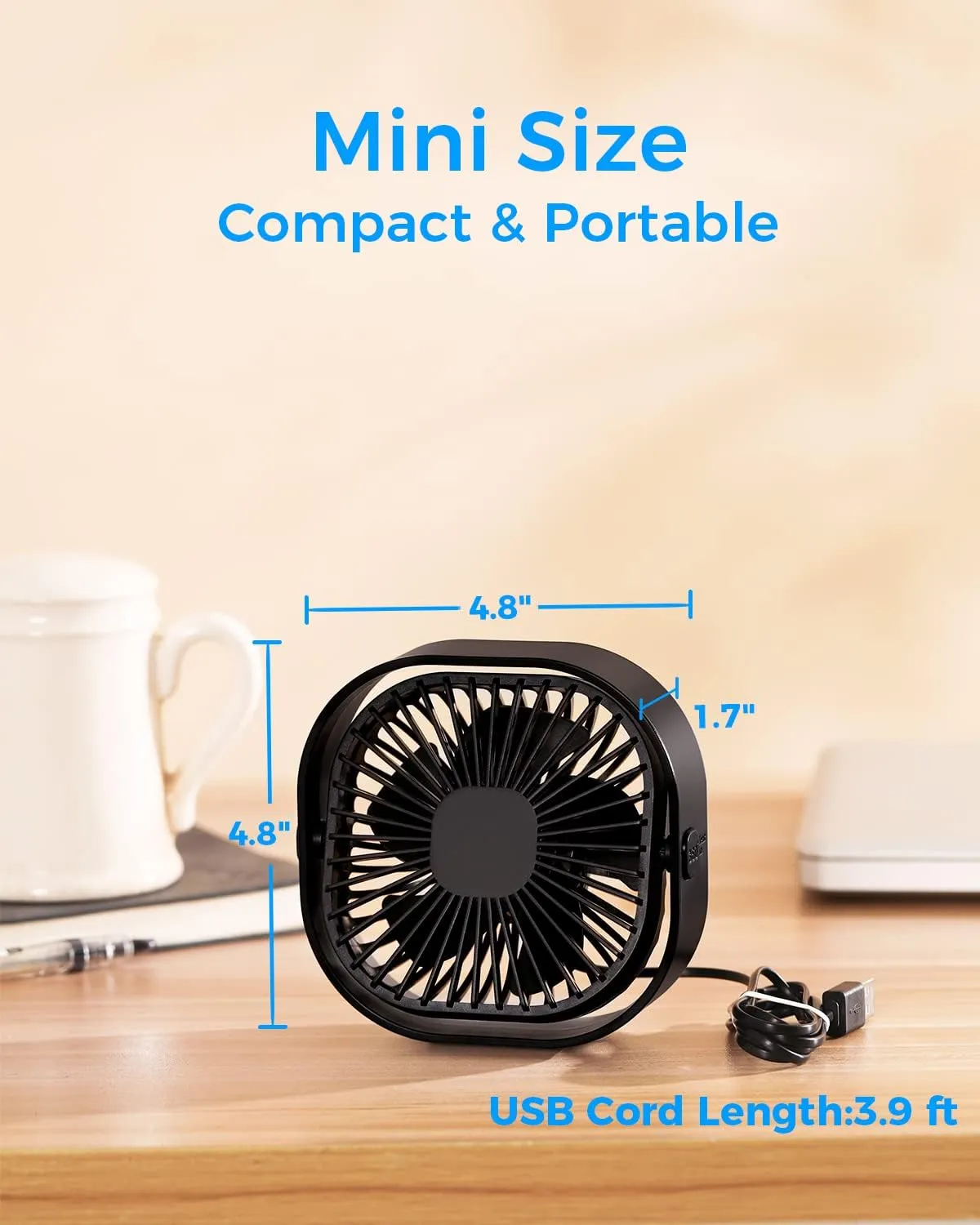 RJVW 4 Inch Small USB Desk Fan, 3-Speed Portable & 360Rotatable Mini Cooling Fan, USB-Powered Desktop Fan for Home Office Bedroom Dorm Indoor Outdoor Summer Gift