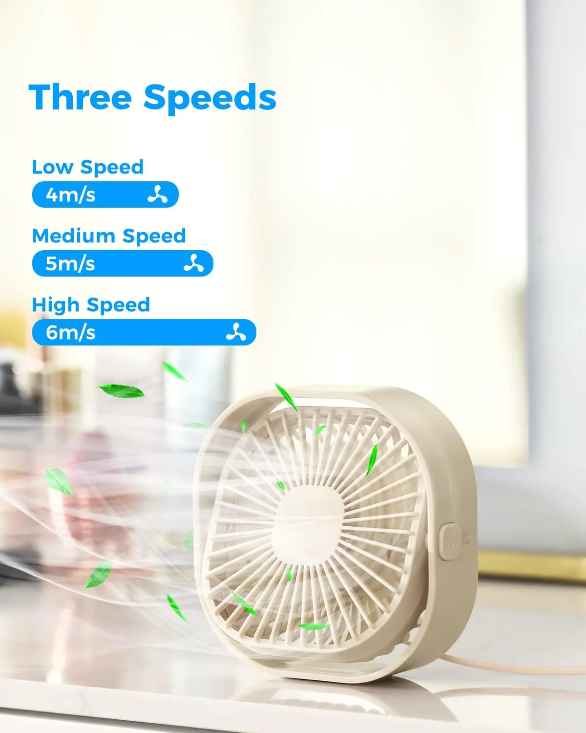 RJVW 4 Inch Small USB Desk Fan, 3-Speed Portable & 360Rotatable Mini Cooling Fan, USB-Powered Desktop Fan for Home Office Bedroom Dorm Indoor Outdoor Summer Gift
