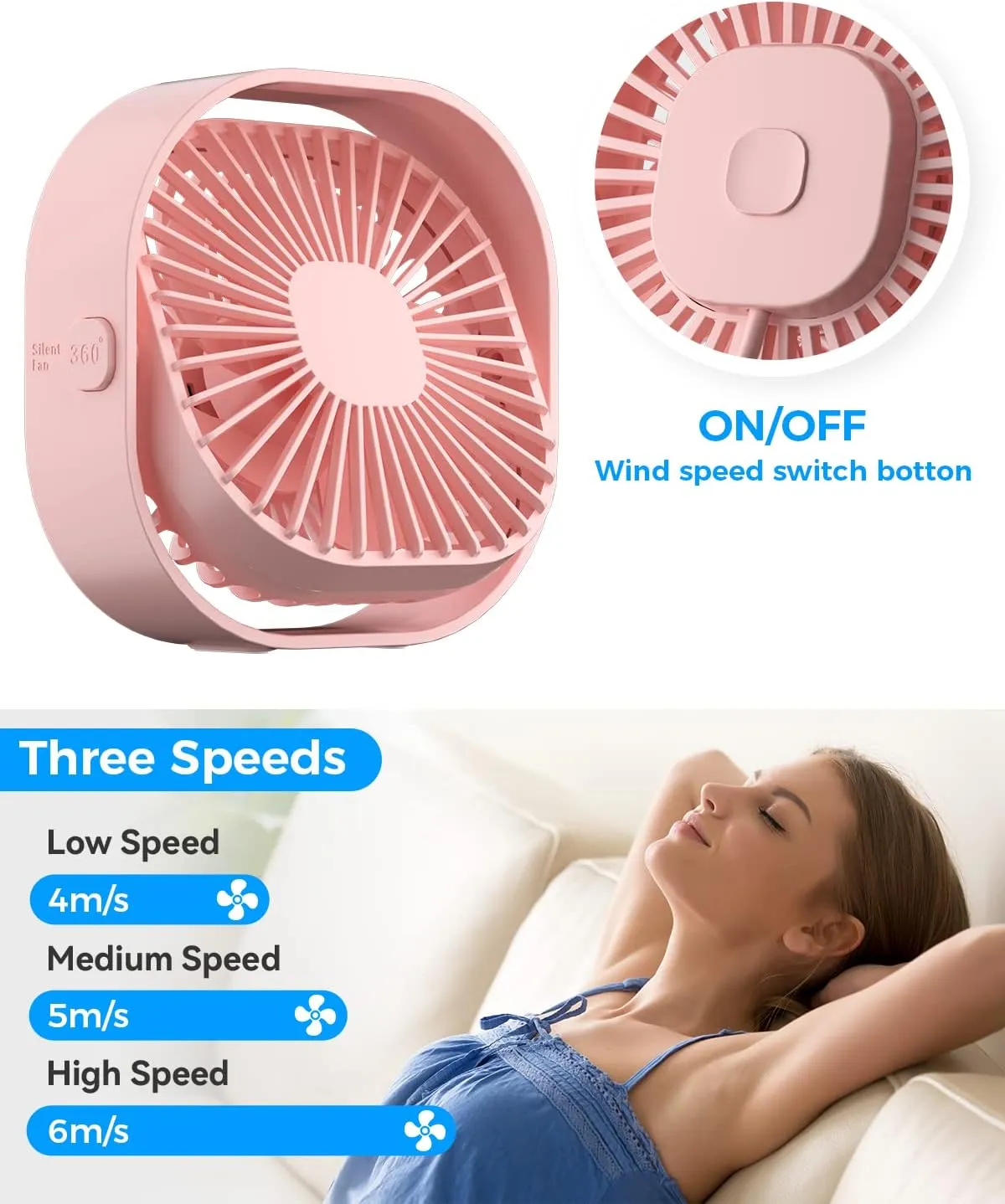 RJVW 4 Inch Small USB Desk Fan, 3-Speed Portable & 360Rotatable Mini Cooling Fan, USB-Powered Desktop Fan for Home Office Bedroom Dorm Indoor Outdoor Summer Gift
