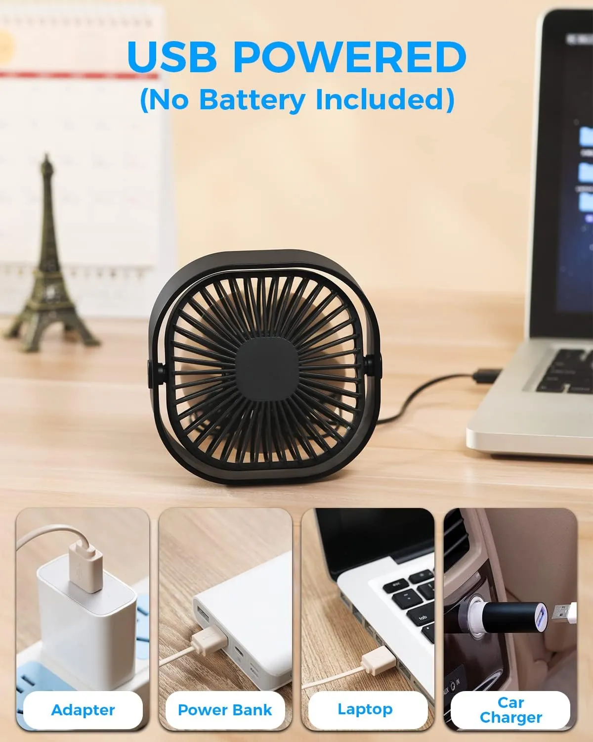 RJVW 4 Inch Small USB Desk Fan, 3-Speed Portable & 360Rotatable Mini Cooling Fan, USB-Powered Desktop Fan for Home Office Bedroom Dorm Indoor Outdoor Summer Gift