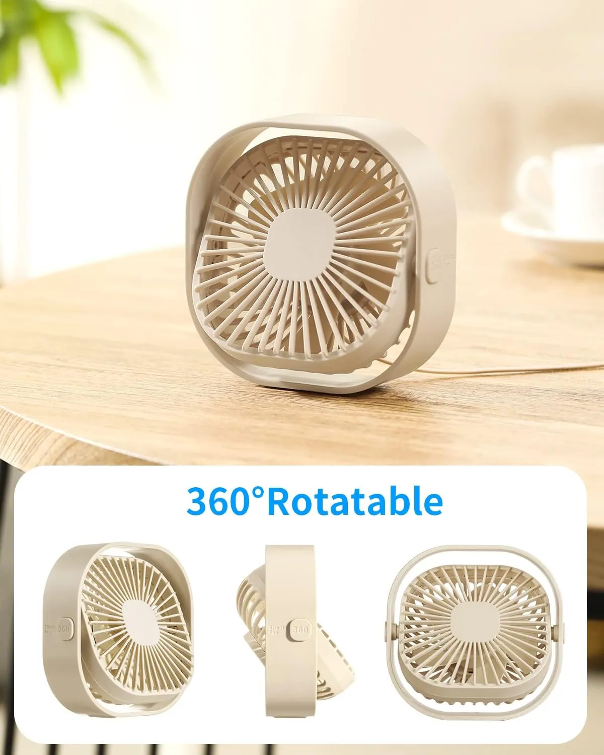 RJVW 4 Inch Small USB Desk Fan, 3-Speed Portable & 360Rotatable Mini Cooling Fan, USB-Powered Desktop Fan for Home Office Bedroom Dorm Indoor Outdoor Summer Gift
